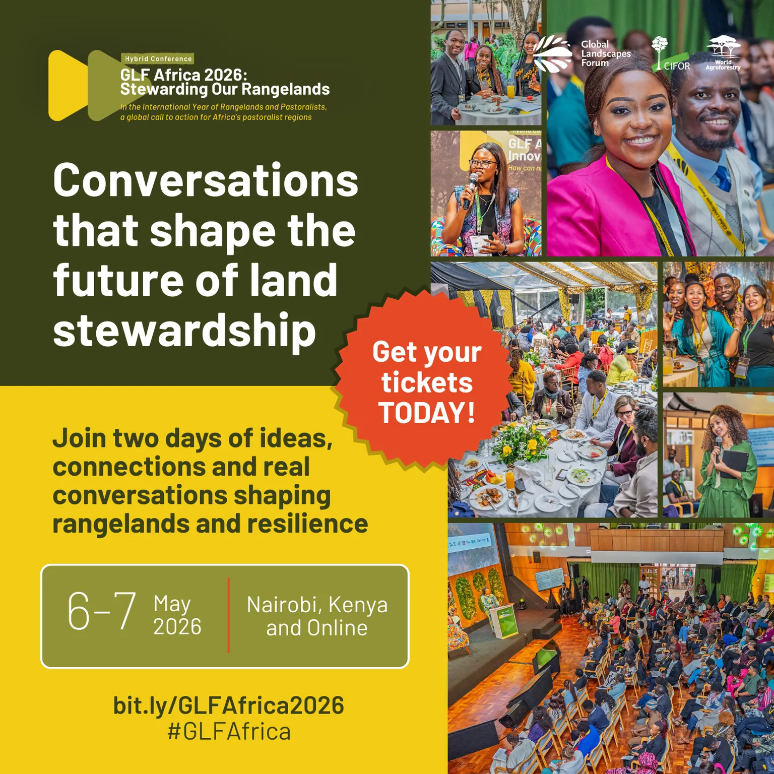 Flyer for GLF Africa 2026 conference on land stewardship in Nairobi, promoting a two-day event on rangelands, May 6-7, 2026.