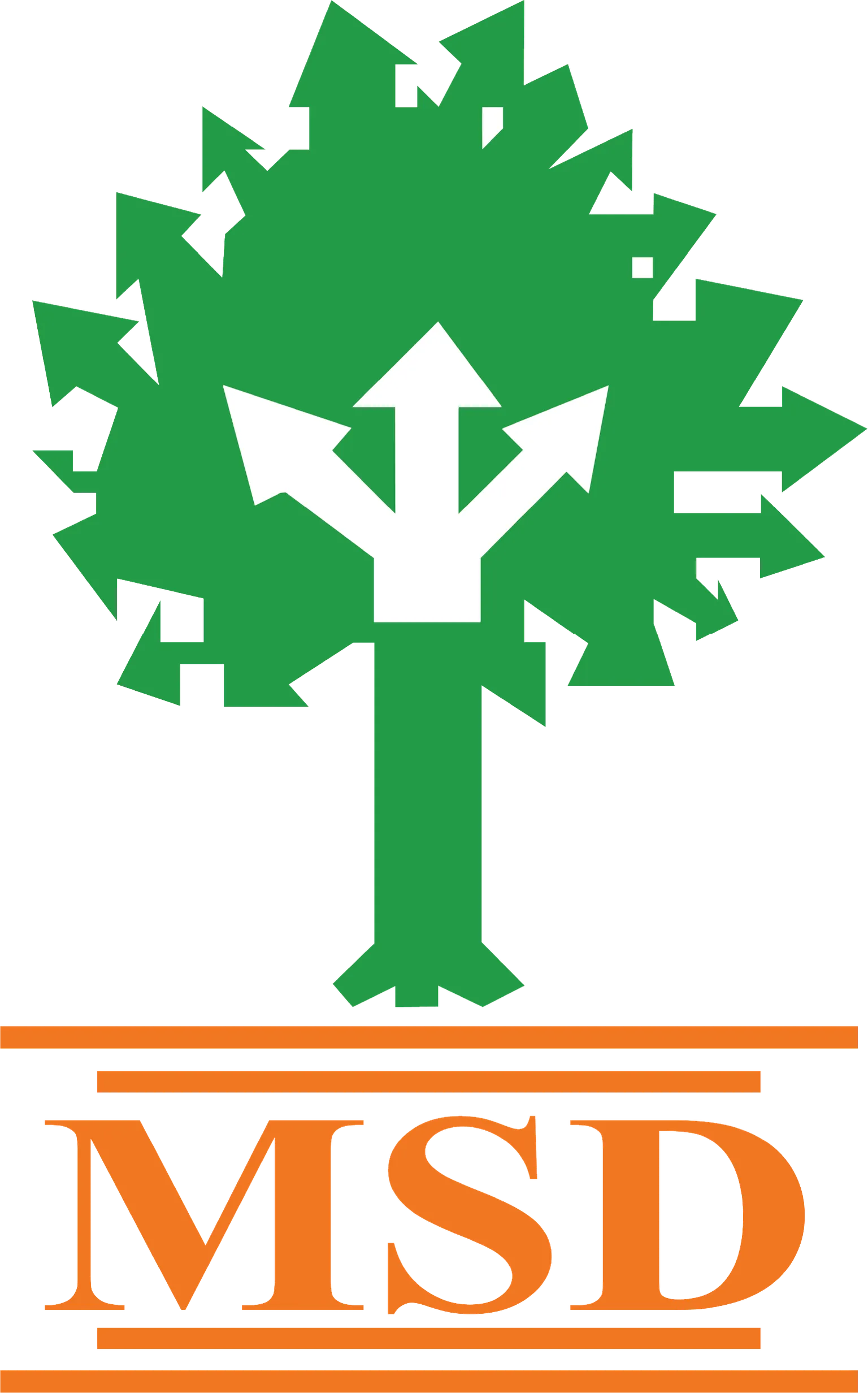 Green tree with white arrows as branches above orange "MSD" text, symbolizing direction and growth.