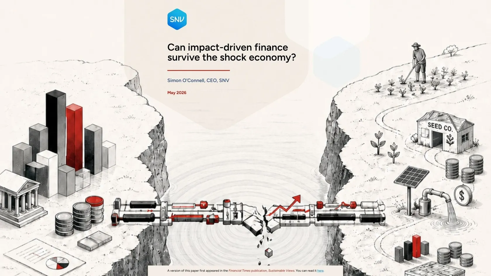 Illustration of two cliffs connected by financial pipes, with red arrows, buildings, plants, and coins, symbolizing economic challenges and sustainability.