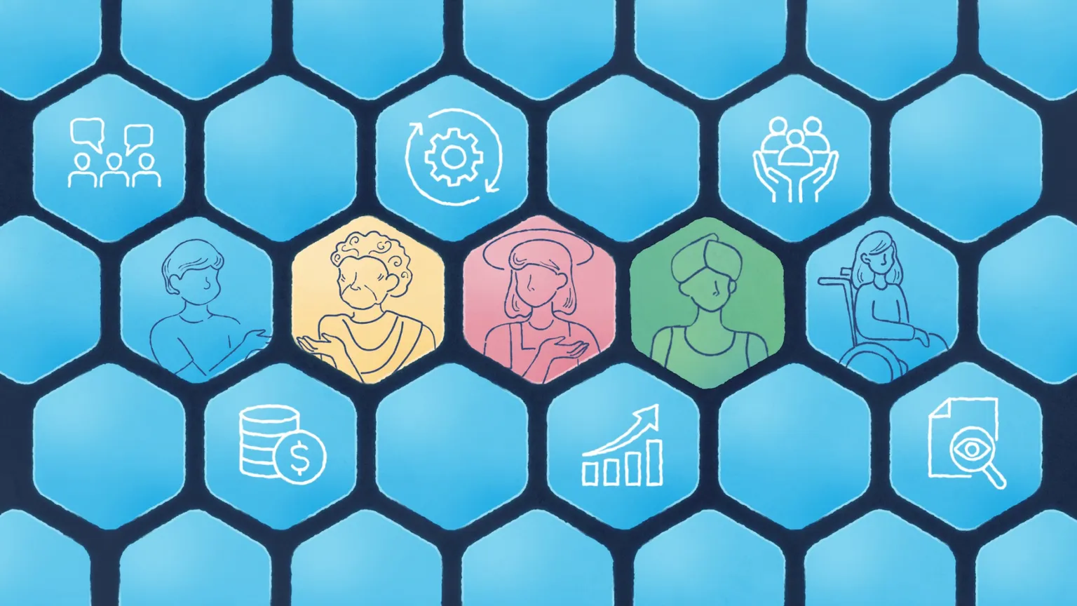 a group of hexagons with icons in them
