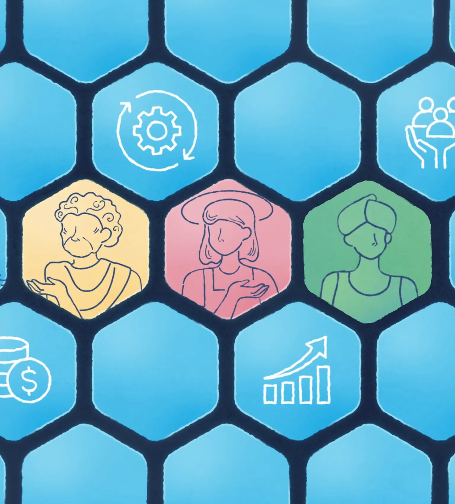 a group of hexagons with icons in them