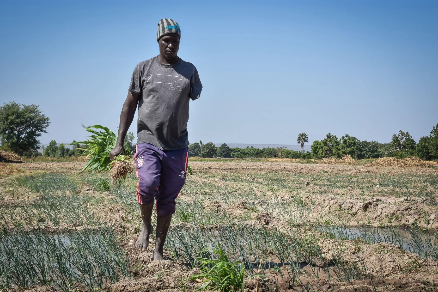 Man with one arm walking in a field, holding plants. He wears a beanie, t-shirt, and shorts. Clear blue sky and greenery in the background.