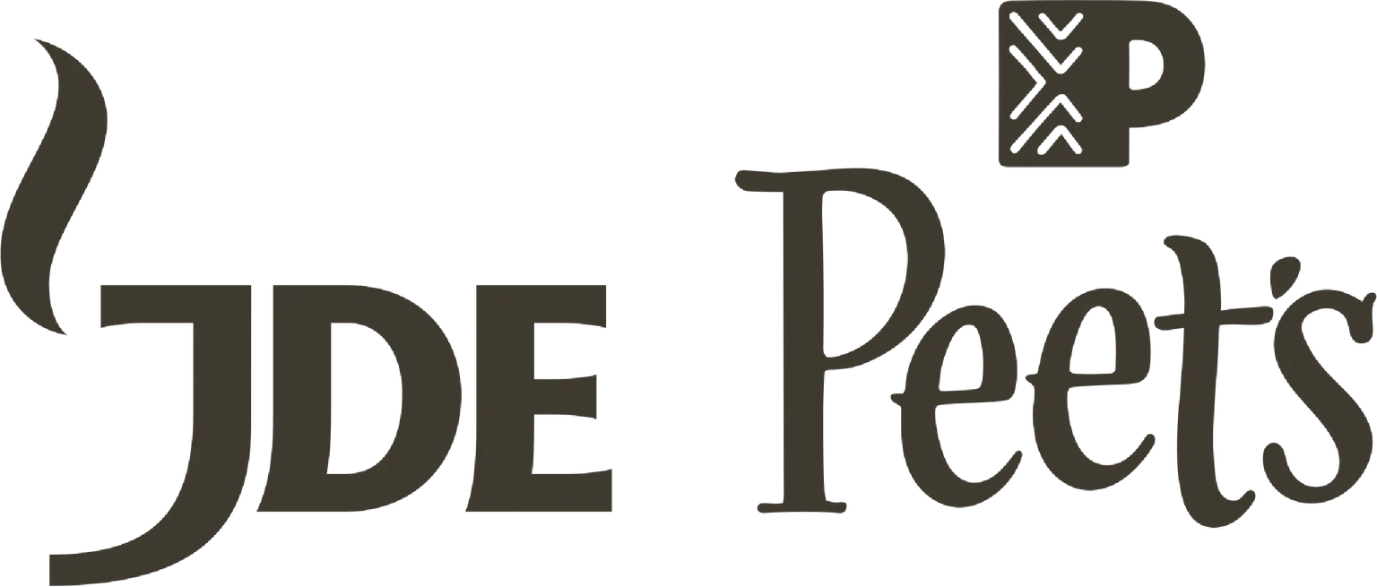 Logo of JDE Peet's, featuring stylized letters with a steaming cup icon integrated into the design.