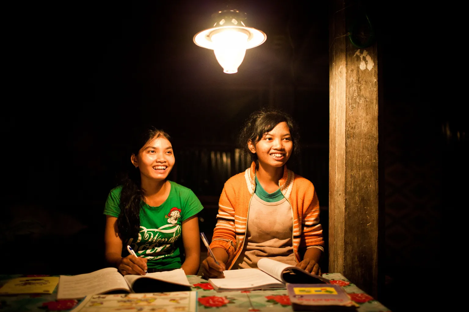 Girls sitting under a biogas lamp