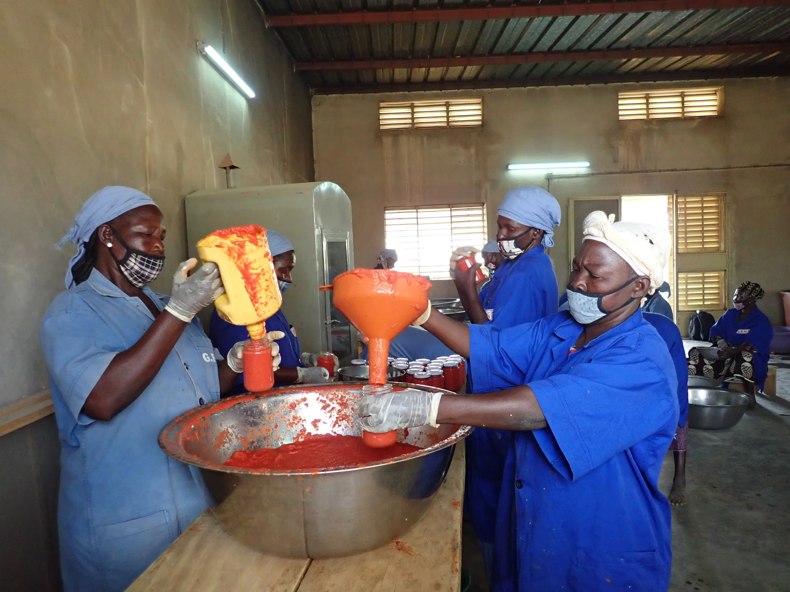 Women in blue uniforms and masks pour tomato sauce into bottles using a funnel in a processing facility.