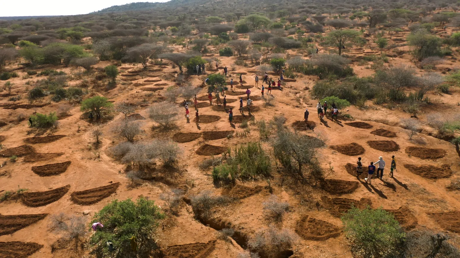Aerial view of a dry landscape with numerous crescent-shaped soil depressions, and people working on the land under sparse greenery.
