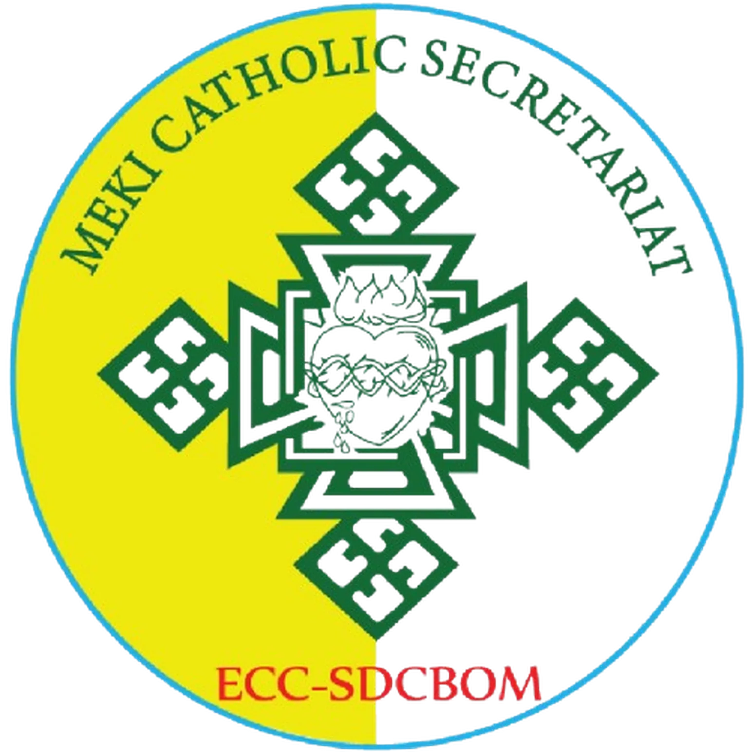 Circular emblem with "Meki Catholic Secretariat" text, featuring a symmetrical green cross design and "ECC-SDCBOM" below. Split yellow and blue background.