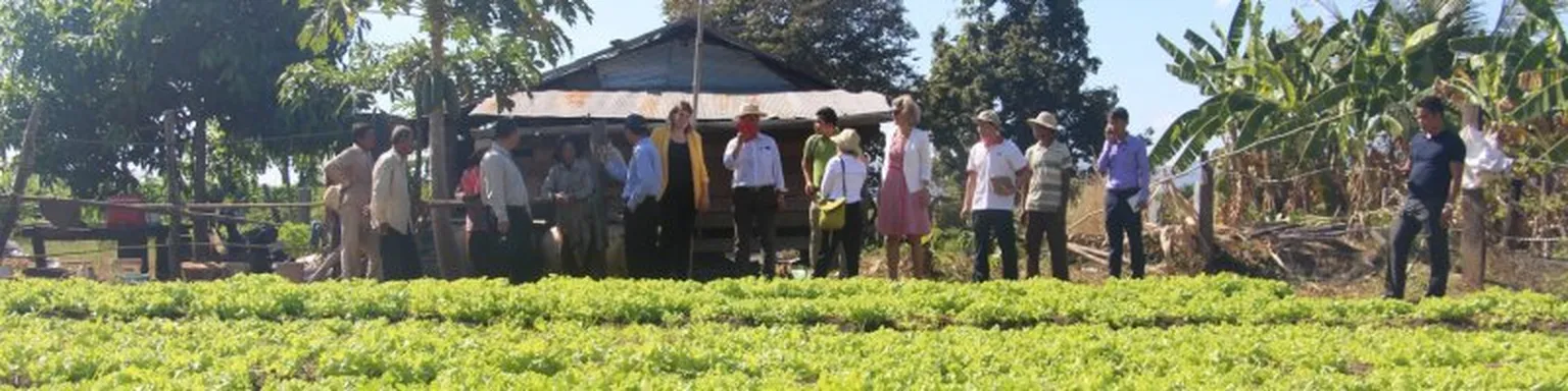People in front of a field, discussing.