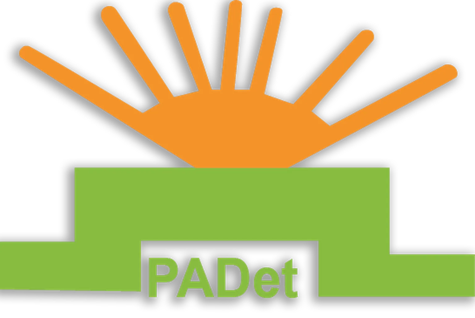 Logo with an orange sunrise above a green platform containing the text "PADet."