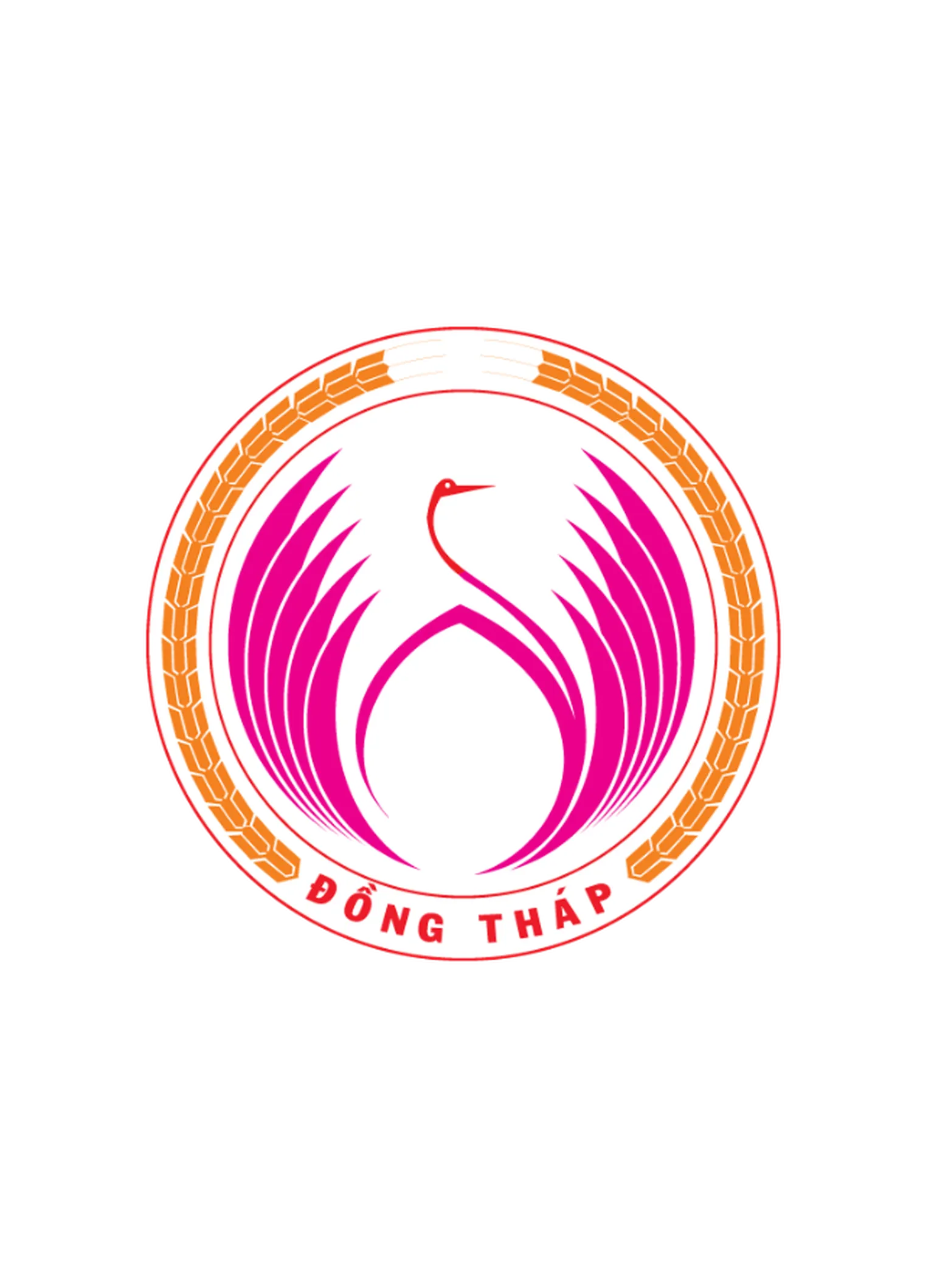 Logo featuring a stylized pink bird with open wings, encircled by an orange wheat motif and "ĐỒNG THÁP" in red at the bottom.