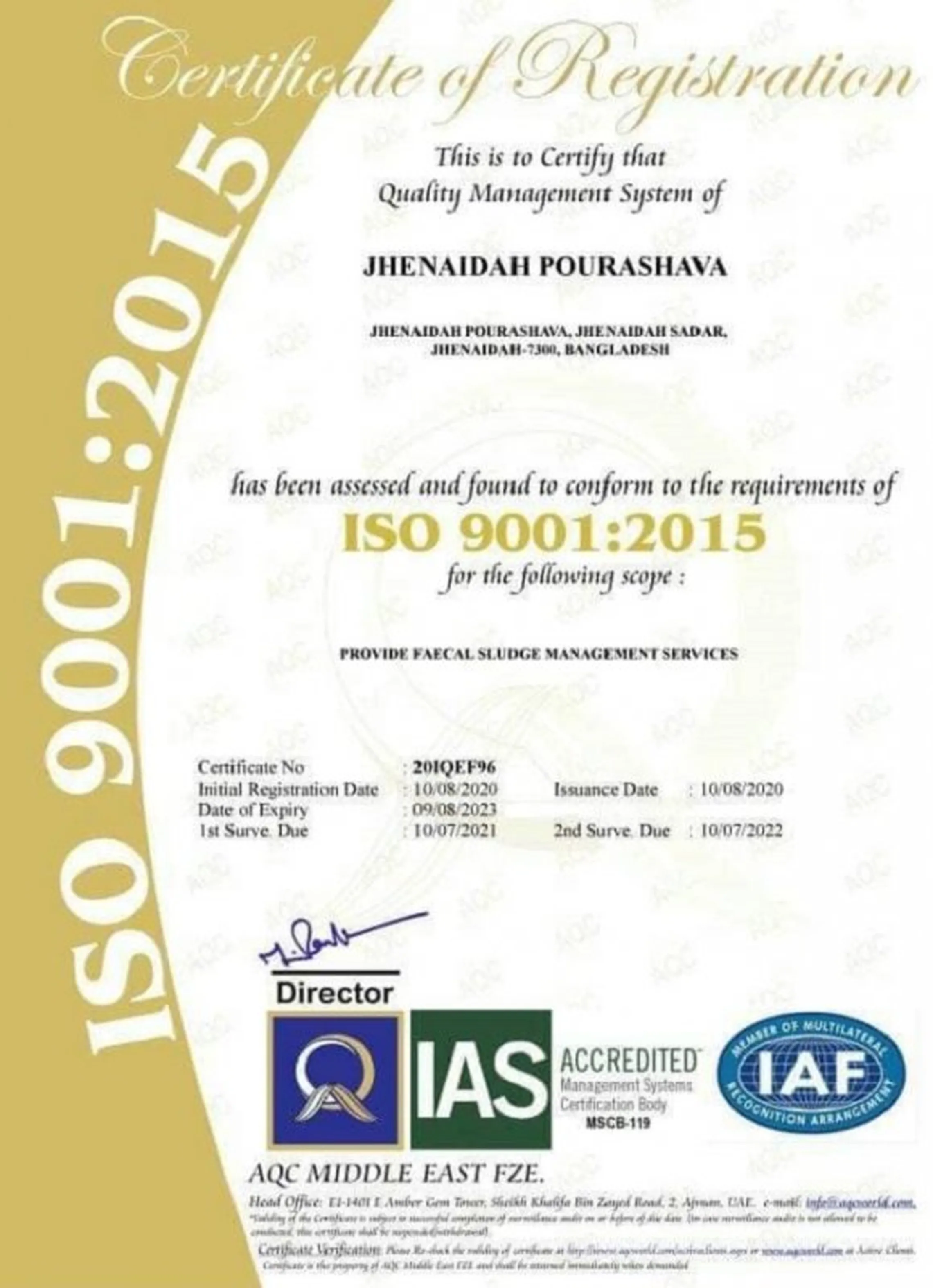ISO 9001:2015 certificate for Jhenaidah municipality