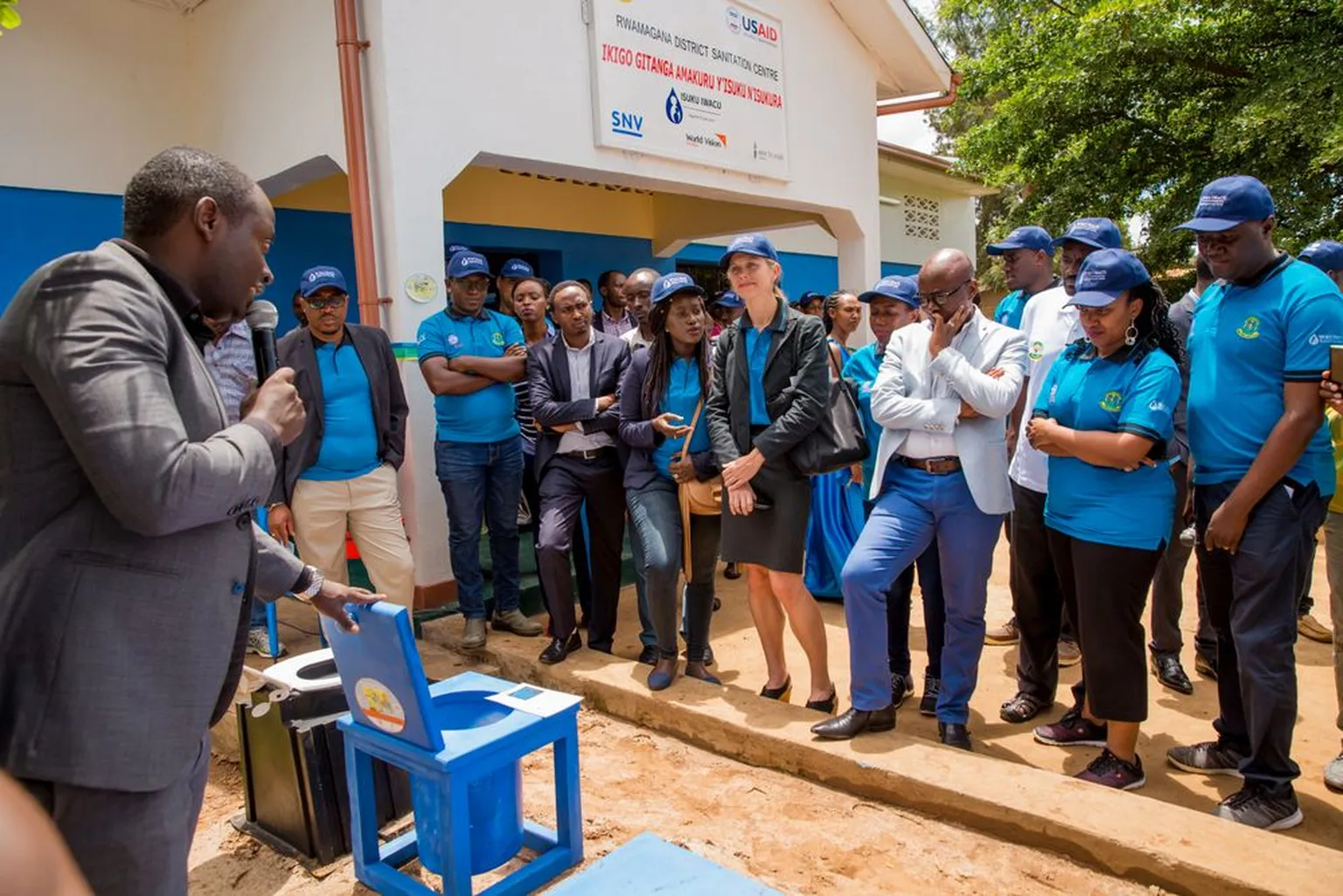 Emmanuel, Temaco builders CEO, presents diverse latrine products